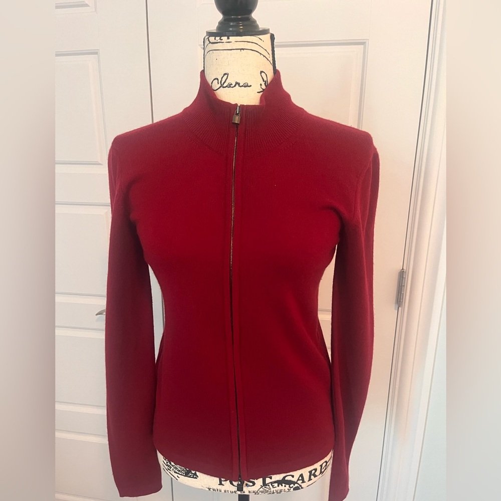 Hermes Red Zip-Up Merino Wool Cardigan